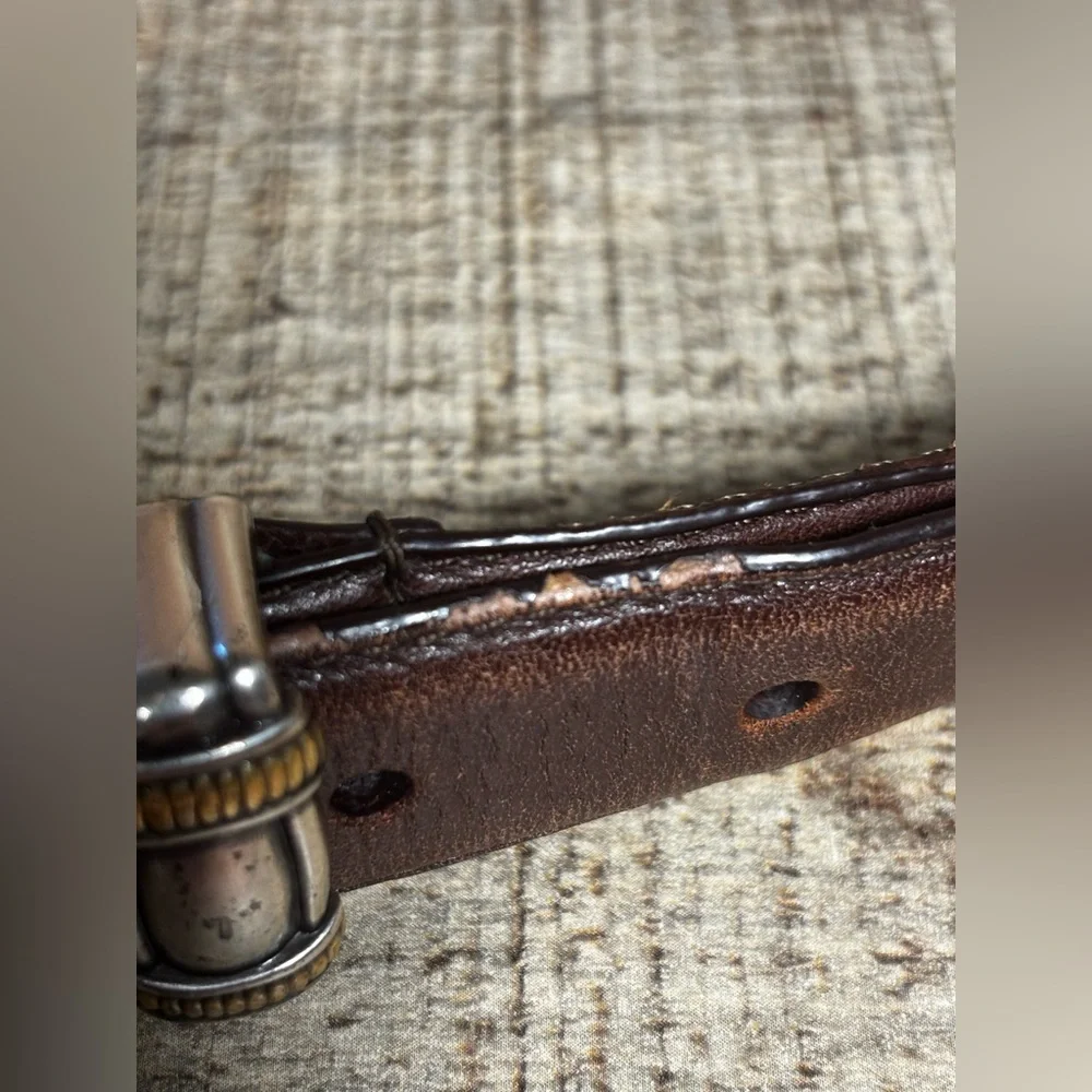VTG Fossil Belt Womens Large Brown Leather 2-Tone Silver Brass Buckle Band